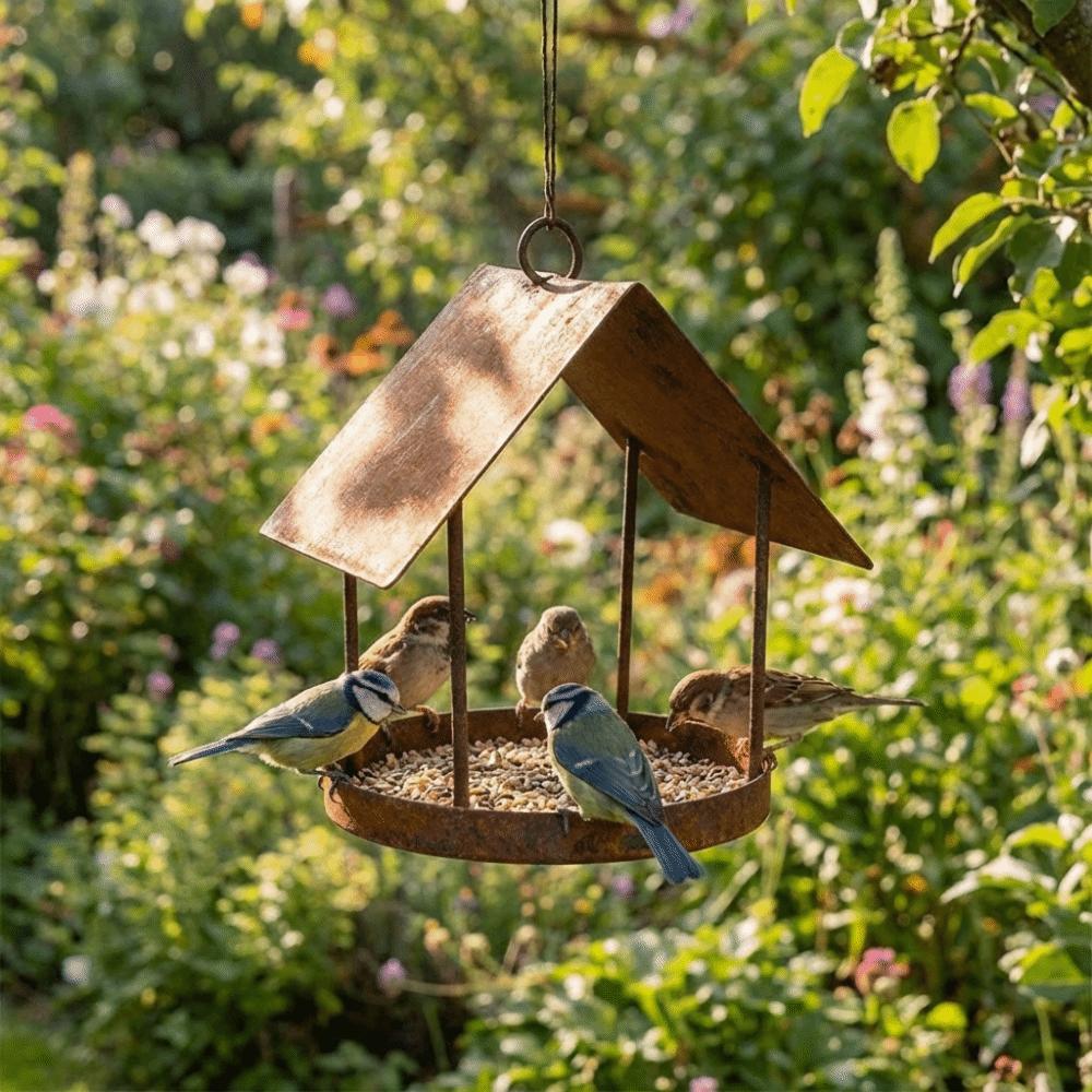 Iron Bird Feeding Station Hut Shape Bird Food Container Multifunctional Hanging Bird Feeder  Yard