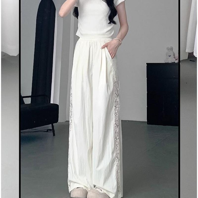 Patchwork Lace Loose Wide Leg Pants for Women Spring/Summer Design Hollow Casual Wide Leg Pants