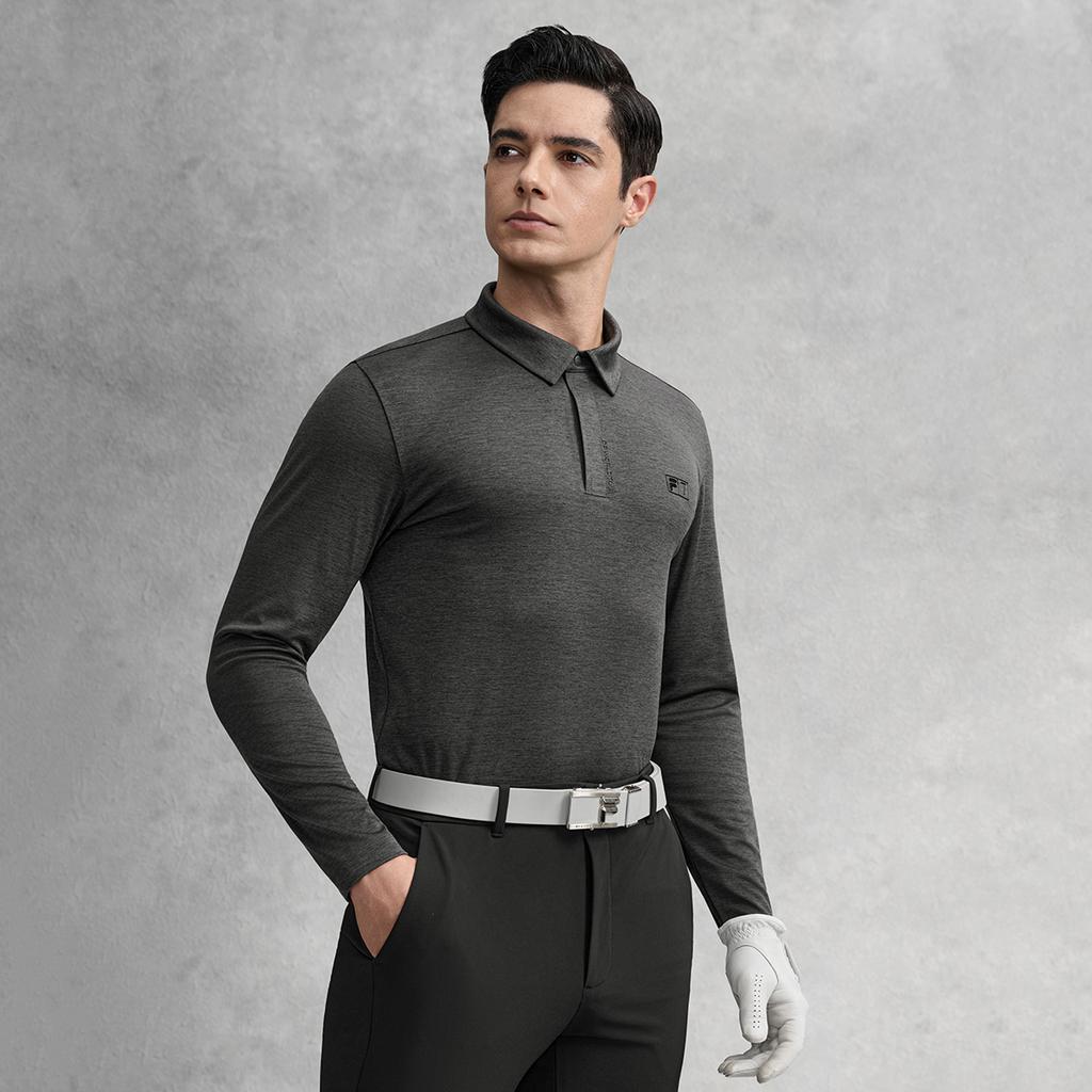 FILA Golf Series Fashion Versatile Sports Comfortable Knitted Long Sleeve Polo Shirt Men tops Gray A11M615214FMG