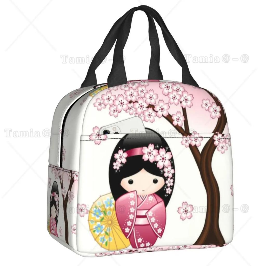 Japanese Red Sakura Kokeshi Doll Insulated Lunch Bag for Women Resuable Cute Girly Cherry Blossom Thermal Cooler Lunch Box