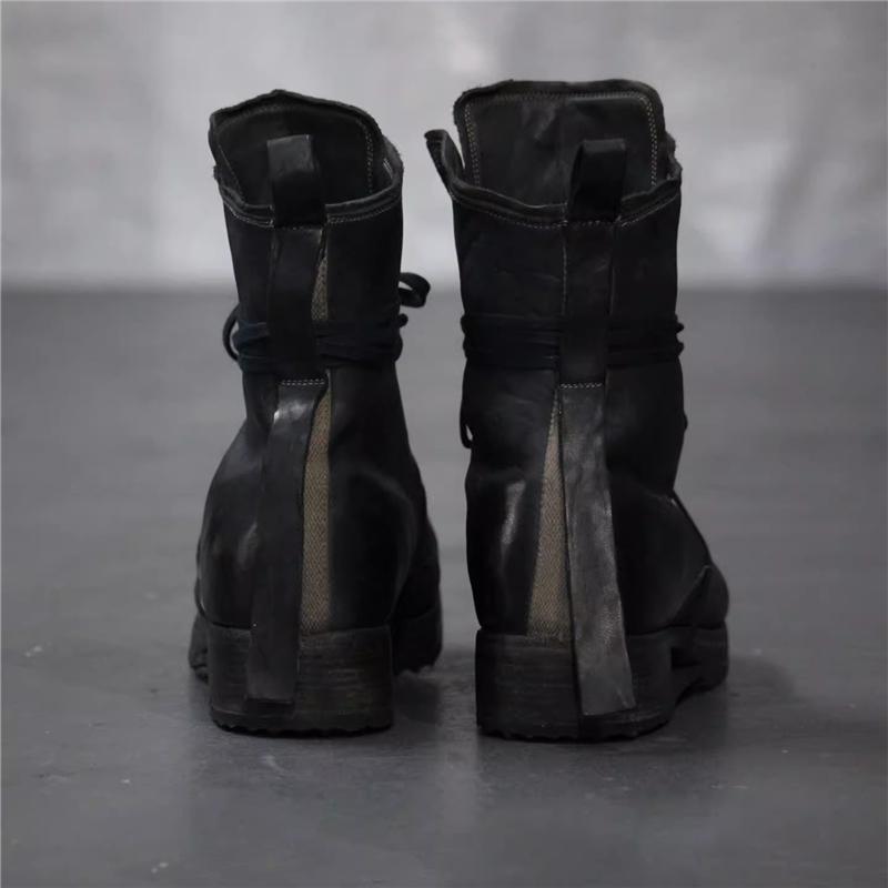 Męskie Vintage Czarne Botki z Miękkiej Skóry Okrągły Nosek Sznurowane Motocyklowe Botki Kowbojskie Nowa Moda Buty High Top
