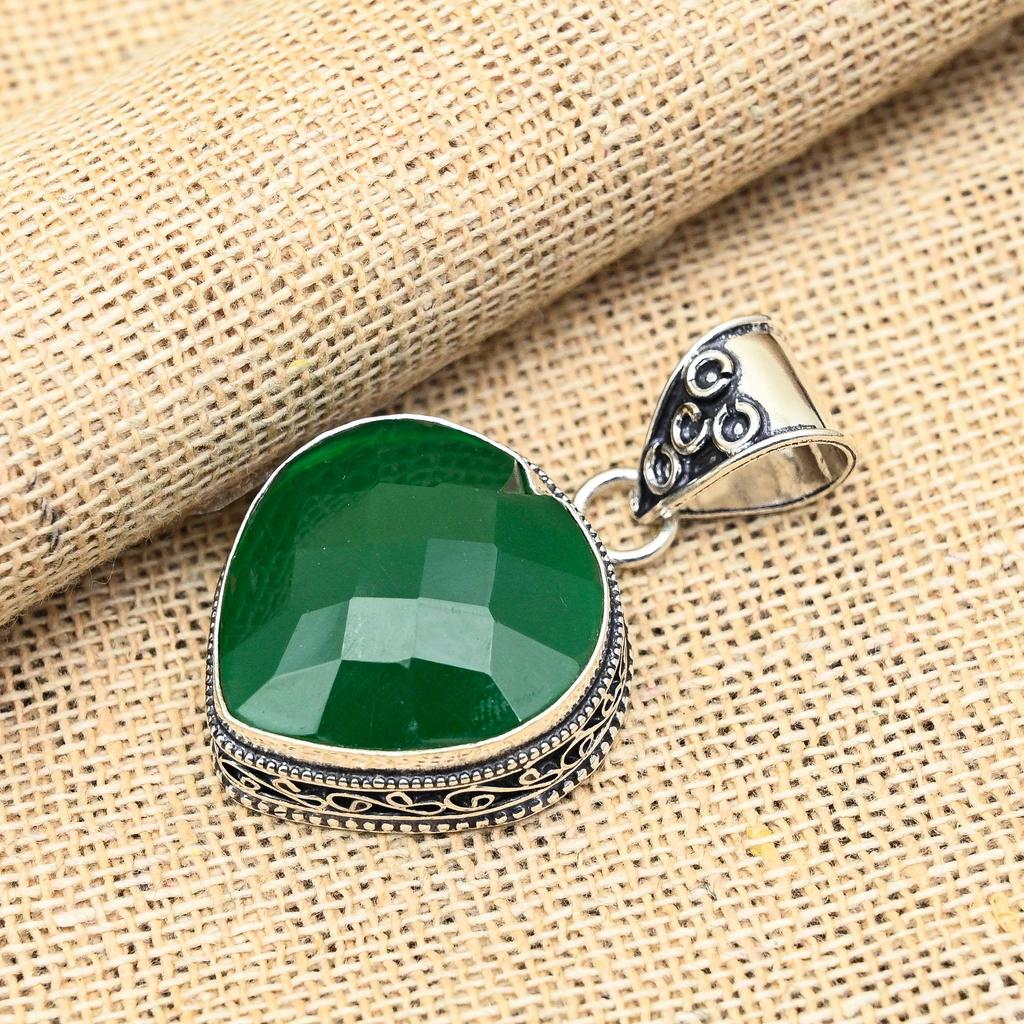Heart Shape Green Onyx Gemstone Handmade 925 Sterling Silver Jewelry Pendant For Women
