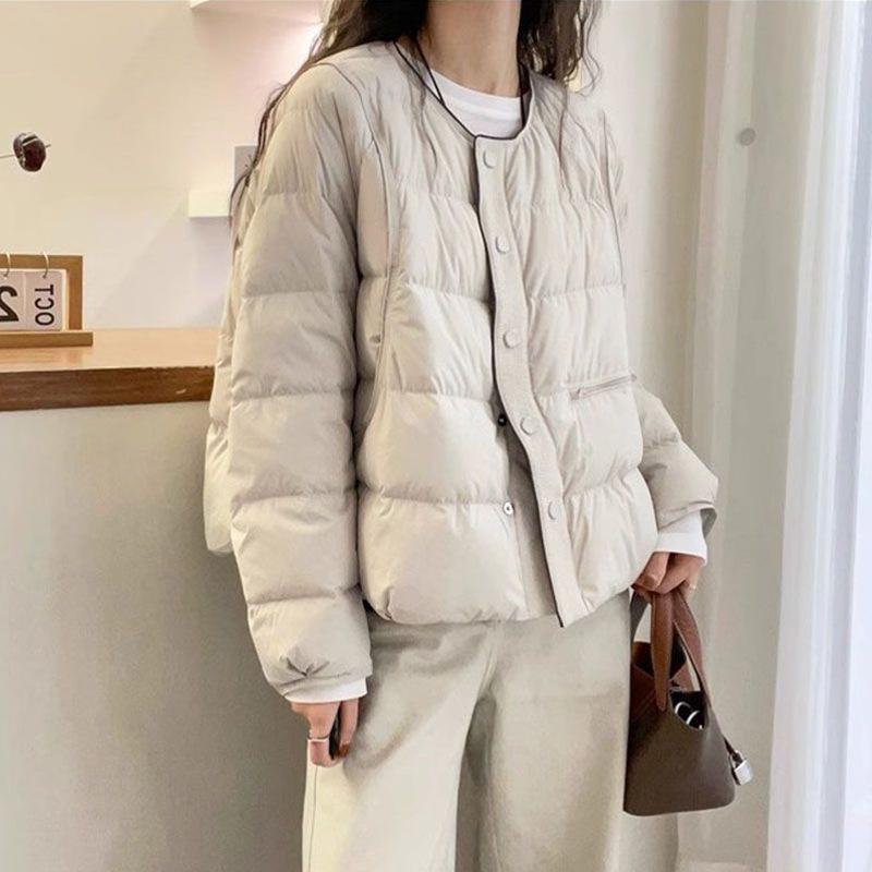 Women's Elegant White Duck Down Puffer Jacket - Single-Breasted, Loose, Slimming, Warm, Round Neck Design