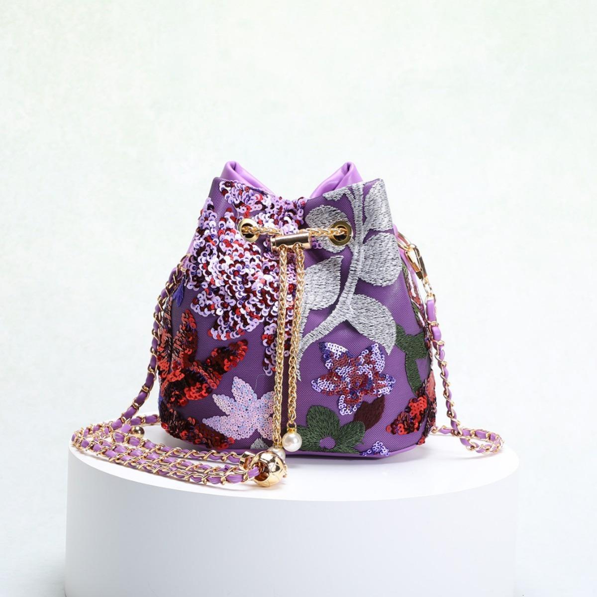 Tianjingeerlishangmaoyouxiangongsi Women's Violet Vintage Elegant Bucket Bag - Heavy Craftsmanship Tulle Embroidery Flower Sequin Chain Crossbody Bag