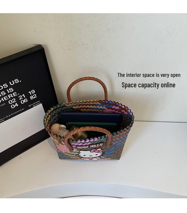 Cartoon KT Cat Rattan Beach Bag: Women's Summer Handheld Woven Basket for Seaside Holiday Commute