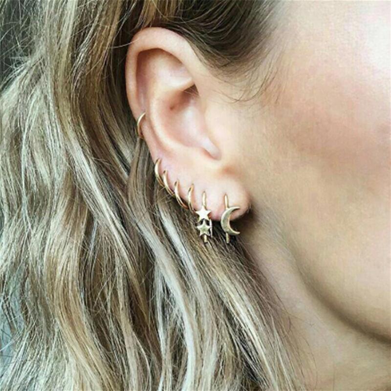 7pcs/lot women's clip earrings open ear cuff without piercing hiphop boucle oreille femme gold color metal star moons ear clips