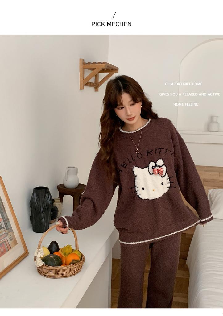 Autumn and winter thickened pajamas women's round neck half-edge fleece thermal suit coral fleece loose and sweet student loungewear