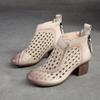 Johnature Hollow Out Boots Round Toe Breathable Back Zipper Genuine Leather Sandals Retro Mid Heel Women's Shoes
