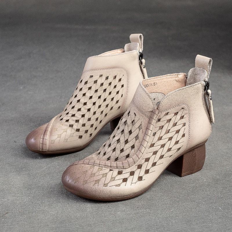 Johnature Hollow Out Boots Round Toe Breathable Back Zipper Genuine Leather Sandals Retro Mid Heel Women's Shoes