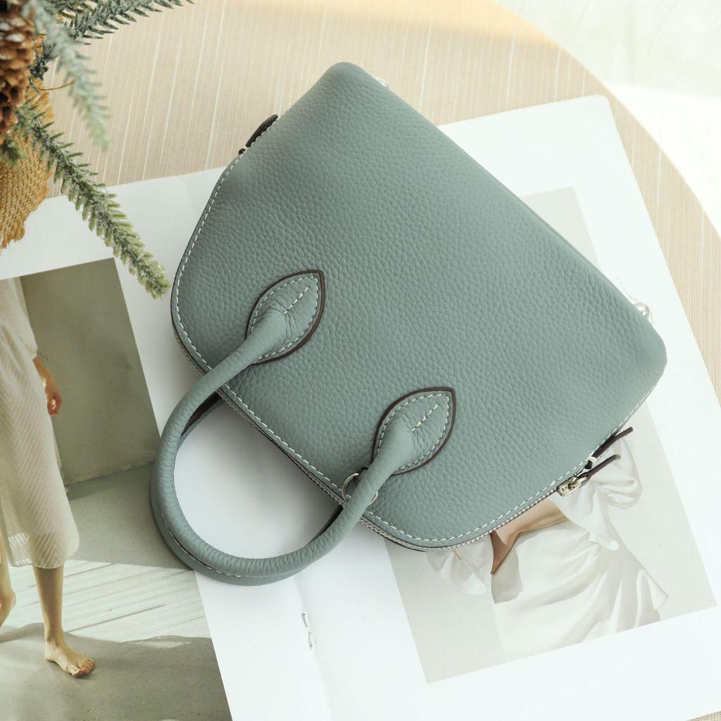 Mini Cowhide Crossbody Bowling Bag with Zipper - Classic Shell Design
