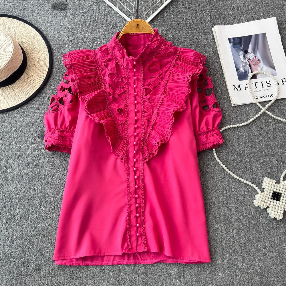 Women's Stand-up Collar Spring Embroidery Shirt Hollow Ruffled Lace Shirt Short-sleeved Solid Colour Ageing Splicing Shirt