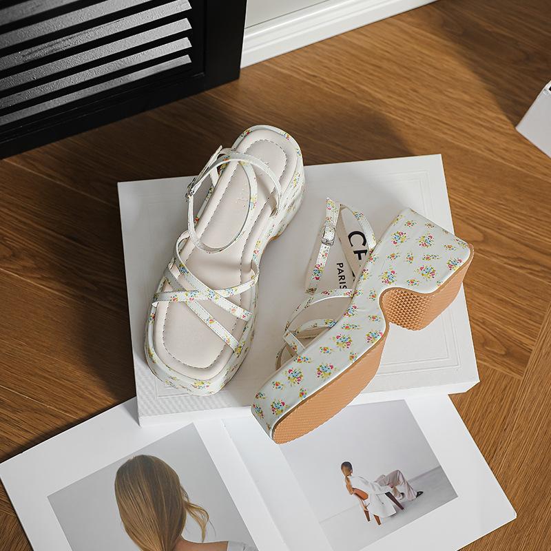 

Summer sandals women s slope heel thick sole 7CM waterproof table thick heel one-word buckle cross strap black sweet cool Roman shoes 39 бежевый