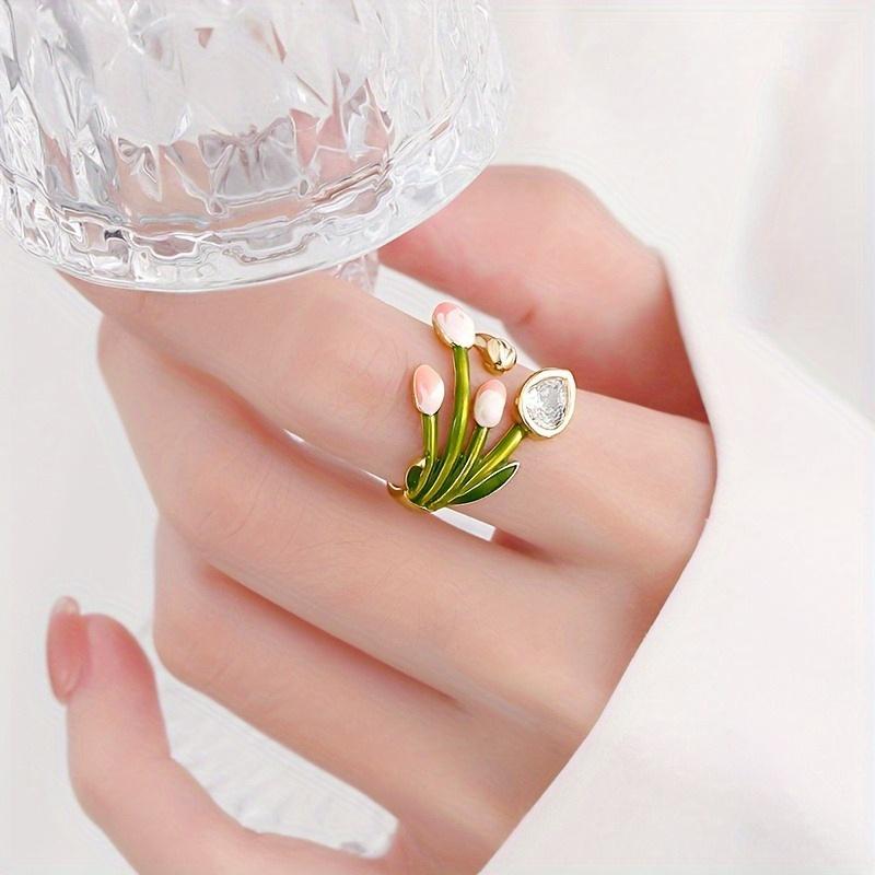1PC Mori Small Fresh Tulip Ring Enamel Dripping Open Ring Light Luxury High Sense