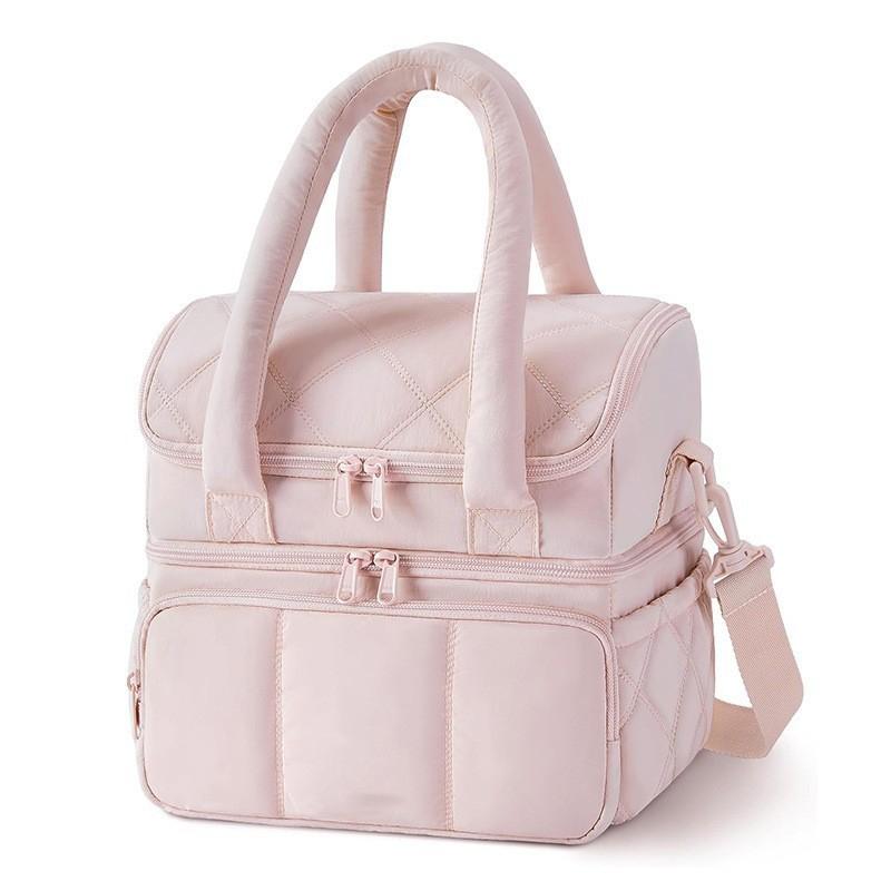 Portable Double Layer Insulated Lunch Bag Quilted Thermal Picnic Cooler Tote Leak-Proof Food Container for Work School Outdoor