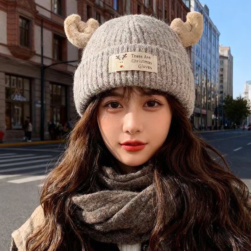 Cute Christmas Antlers Knitted Autumn Winter Warm Beanie Ear Protection Cold-proof Common Unisex Face-revealing Hat