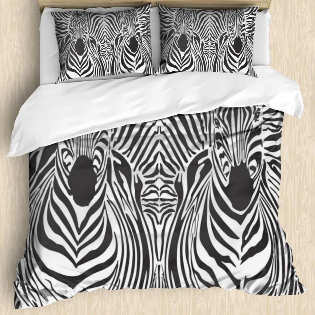 Zebra Print Bedding Set, Striped Zebra Animal Print Decorative Quilted 3 Piece Comforter Cover With 2 Pillow Shams, King Size