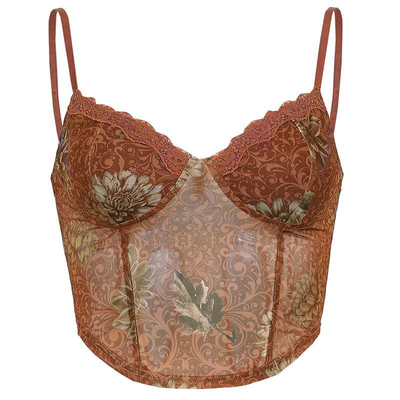 

Maple Print V-neck Sexy Camisole Top Maple Leaf Print V-neck Sexy Sling Top Brown L