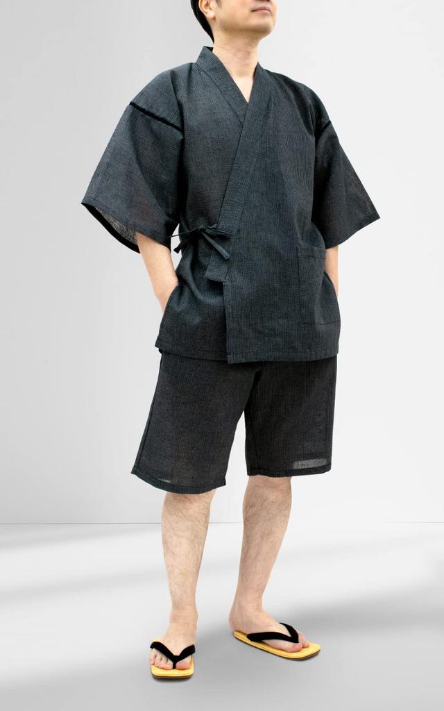 Aiai Jinbei (85% Cotton, 15% Linen) Washable Shijira Weave Top and Bottom Set (Cool, Wide Variety of Colors and Patterns) (M, Solid Black -12)
