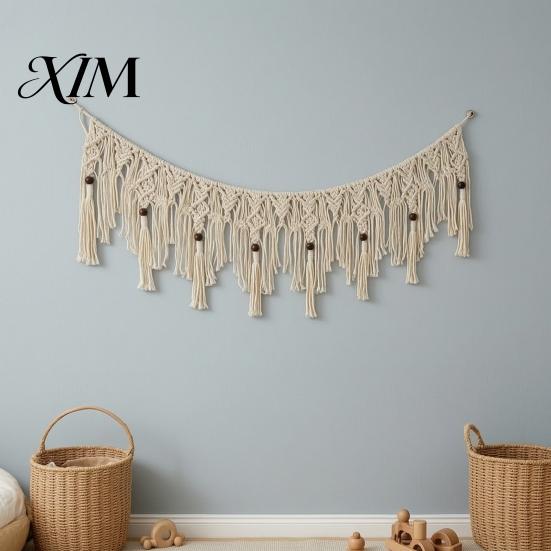 Textured Wall Decor Boho Garland Hanging with Wooden Beads, Hand Woven Cotton Tassel Banner, Knotted Tapestry Nordic Window Tapestry, Bohemian