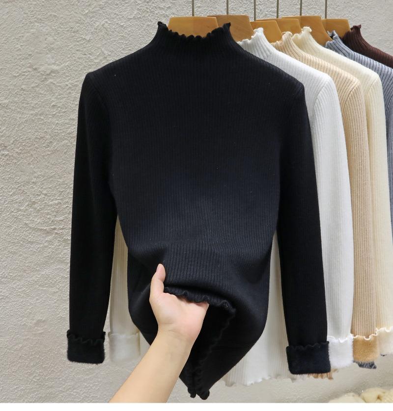 Half High Collar Warm Fleece Pullover Sweaters for Women Autumn and Winter Thick Knitted Sweater Solid Base Long Sleeve Casual Ladies Knitwears 24951