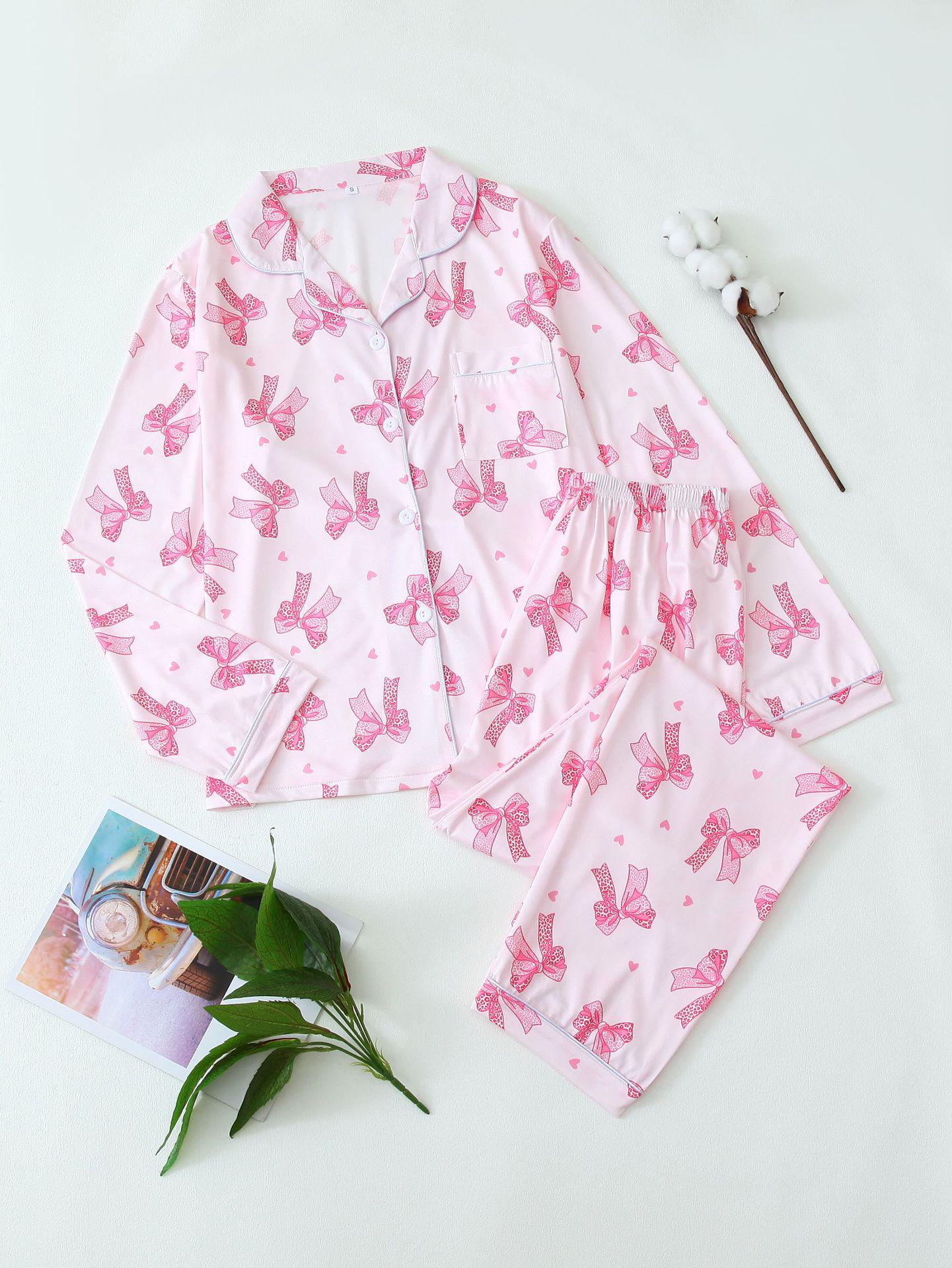 Leopard Print Bow Long Sleeve Pajamas Set Large розовый