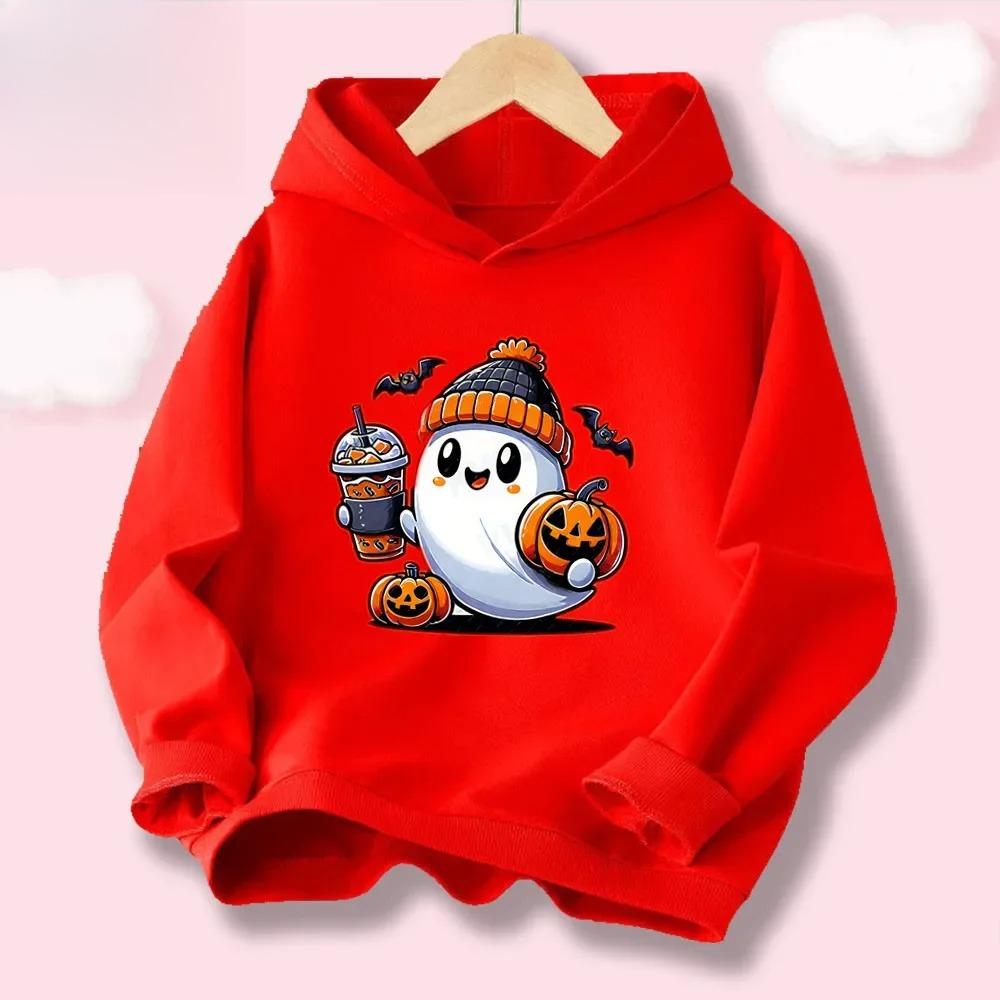Halloween Kawaii Pumpkin Cartoon Print Children Hooded Sweatshirt Boy Girl Autumn Winter Daily Outdoor Casual Warm Sportswear