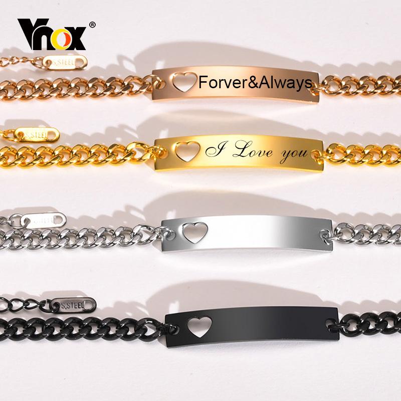 Vnox Free Custom Bracelets for Men Women, Stainless Steel Hollow Heart Bangle, Couple Promise Love Gift