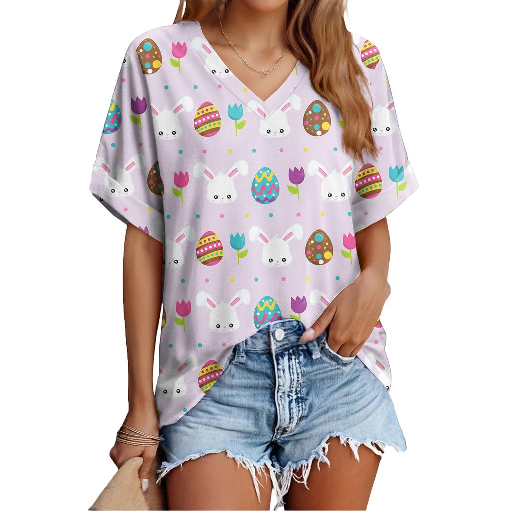 Women's Fashionable Casual Everyday Versatile Easter Print Slim-Fit Summer Short-Sleeve Top