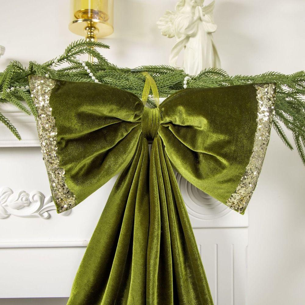 Green Christmas Bowknot Hanging Decoration Sequin Velvet Long Hanging Ribbon Sequin Bowknot Ornament Photo Props Multi-size
