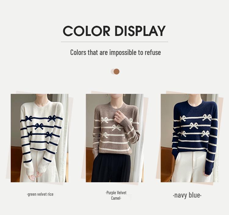 Women's Wool Round Neck Color Block Sweater - Loose Knit Long Sleeve