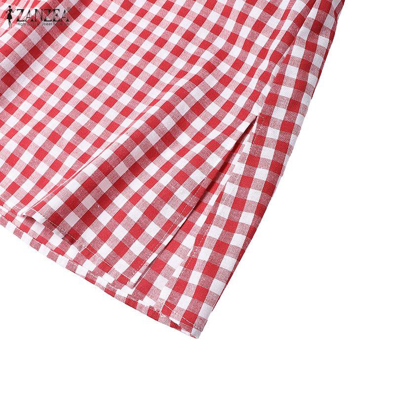 ZANZEA Women Casual Round Neck Long Sleeve Loose Plaid Print Long Dress