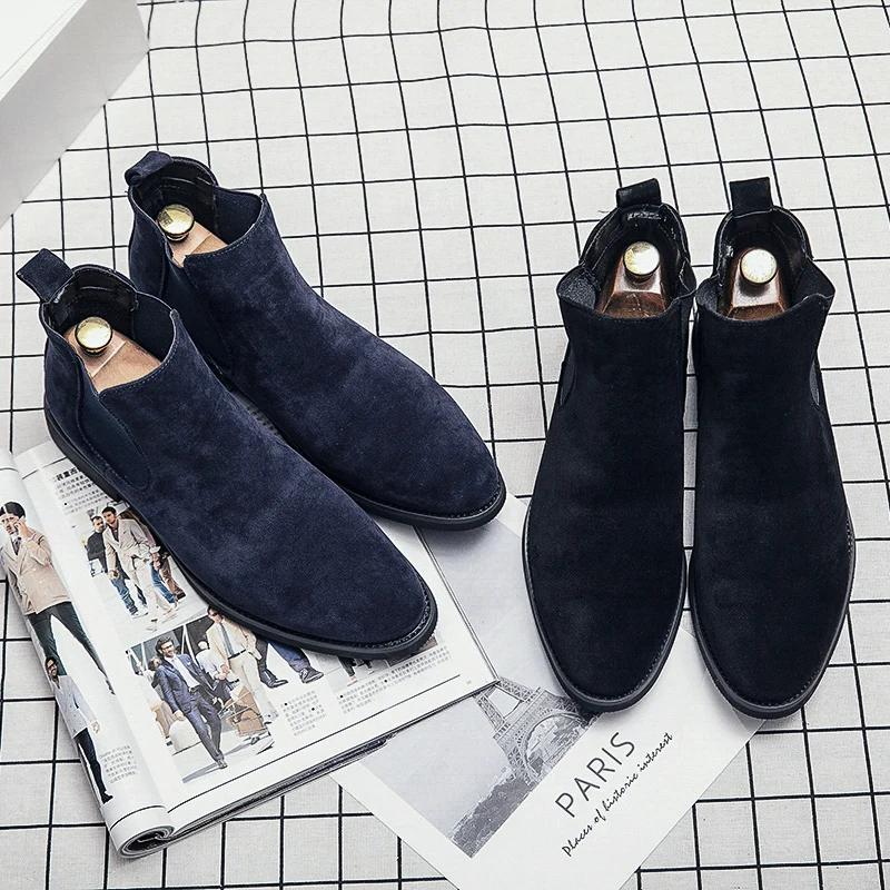 Chelsea Boots Men Blue Faux Suede Classic Fashion Business Casual Men Short Boots Ankle Zapatos De Seguridad Hombre