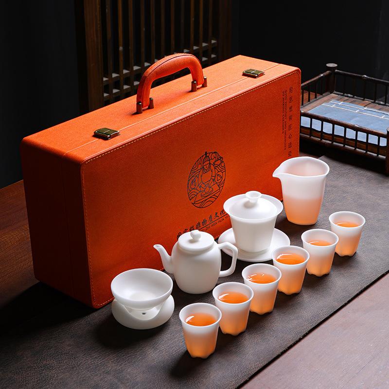 High-end Vegetarian-fired Suet Jade Porcelain Ice-type Kung Fu Tea Set, Household Gifts for Customers, High-end Business Gift Set