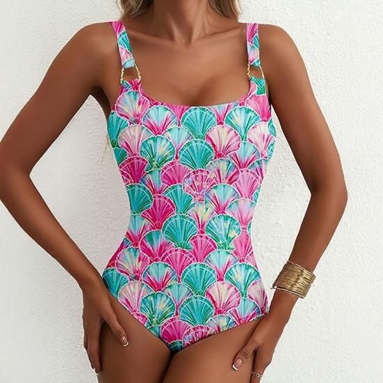 Costume da Bagno Intero Scollo Quadrato Ampio Fibbie Metalliche Vita Alta Taglio Scolpito Donna Monokini Costume da Bagno Spiaggia