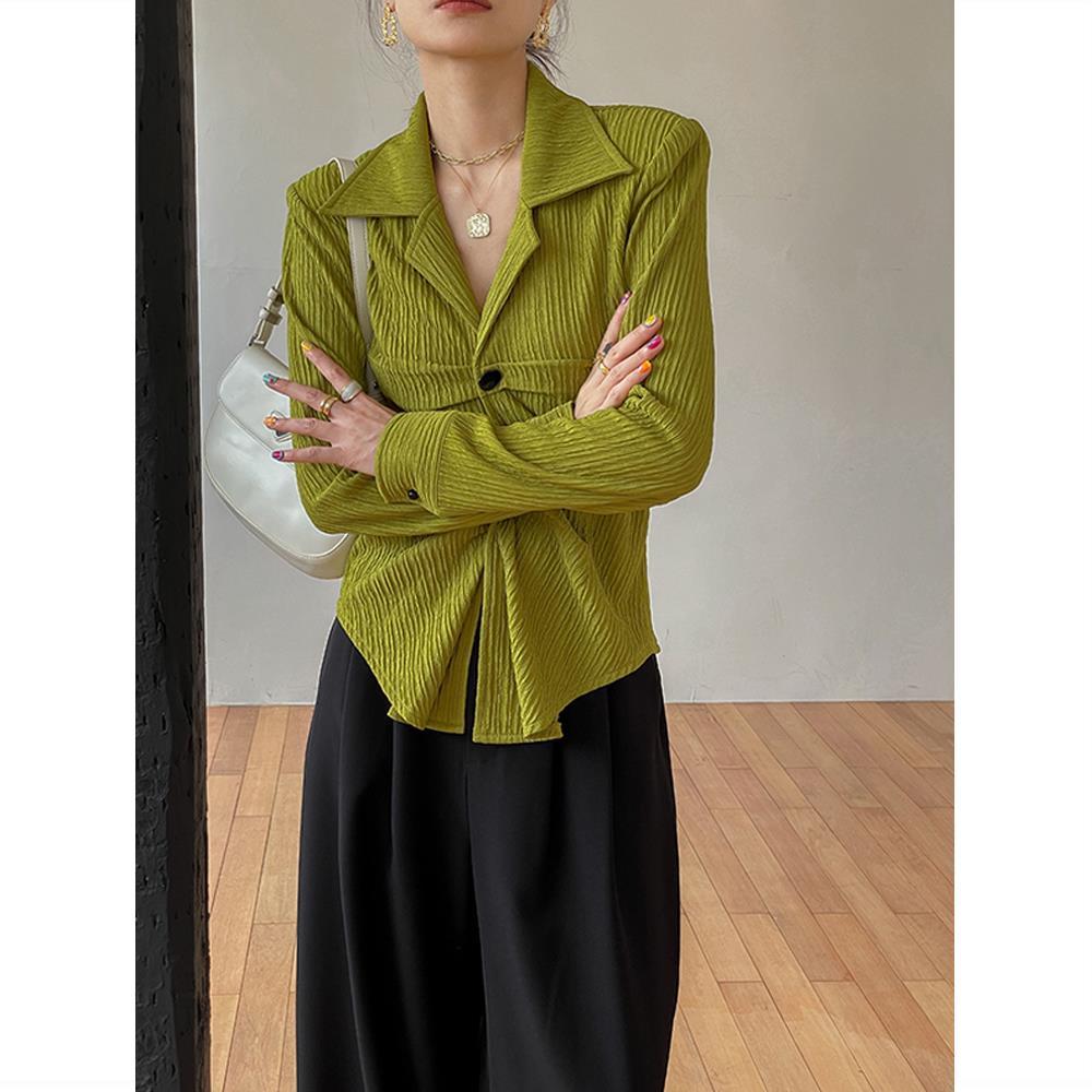 Retro Texture Pleated Mustard Green Shirt Loose Hong Kong Style V-neck Lapel Early Autumn Top New