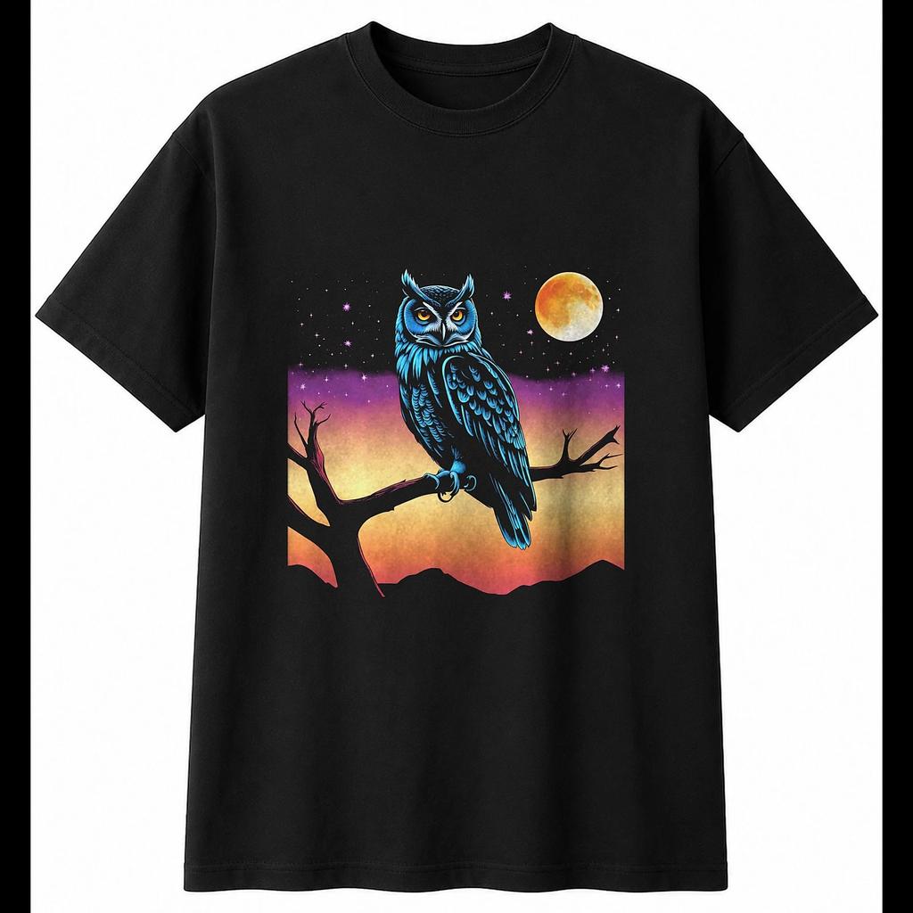 Tattoo Owl in Moonlight Bird Mens T-Shirt Black 100% Cotton Wildlife Printed