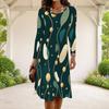 Women Plus Size Long Sleeve Round Neck A Line Black Golden Floral Printed Dress
