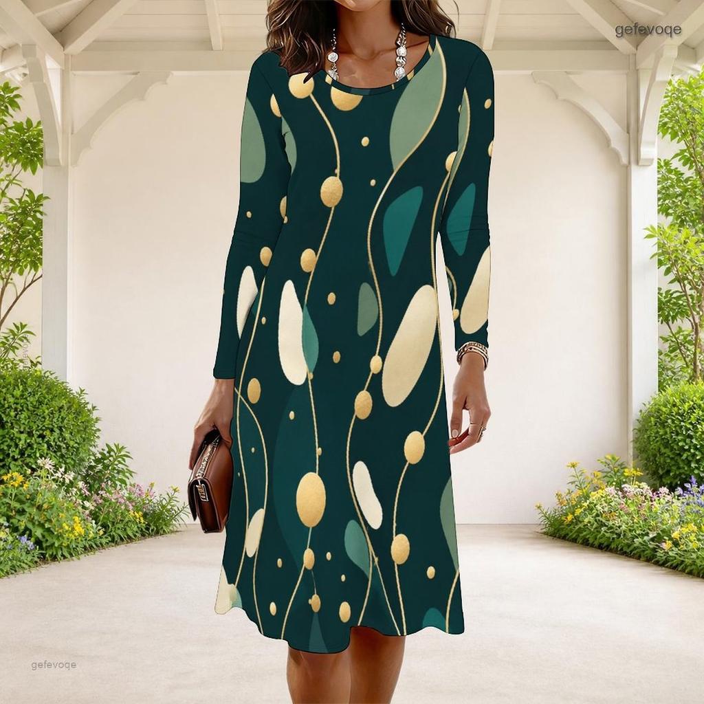 Women Plus Size Long Sleeve Round Neck A Line Black Golden Floral Printed Dress