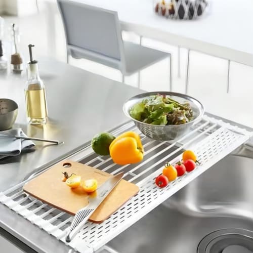 Stainless steel over-sink collapsible dish drainer, compact, antibacterial, space-saving, with cup stand, chopstick rest, cutlery pocket, wide, silico
