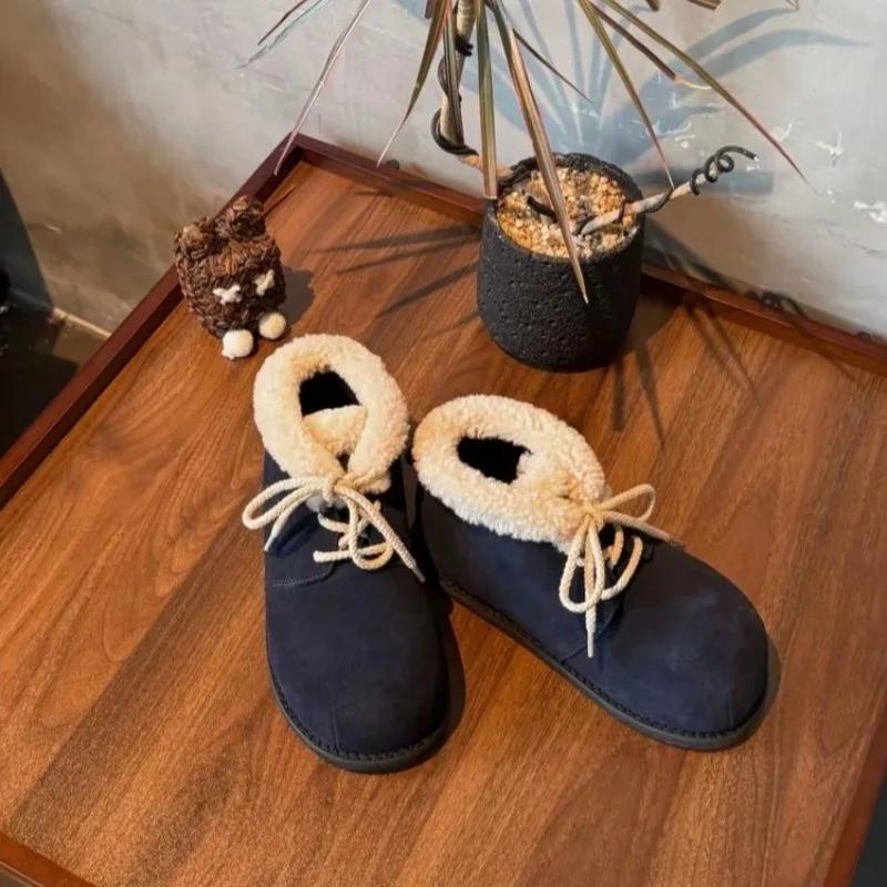 Big Head Snow Boots Winter New Round Toe Suede Lace-up Soft Sole Non-slip Warm Cotton Shoes