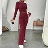 2Pcs/Set Women Solid Color Knitting Outfit Turtleneck Long Sleeve Cropped Tops High Waist