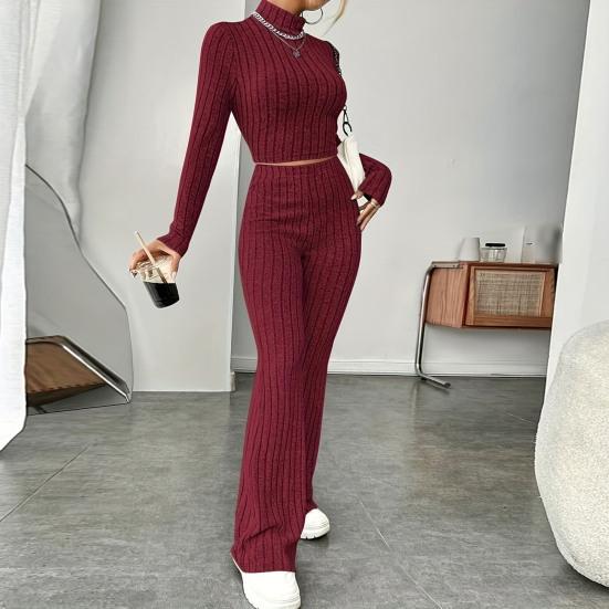2Pcs/Set Women Solid Color Knitting Outfit Turtleneck Long Sleeve Cropped Tops High Waist