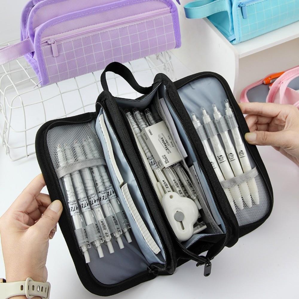Multi-layer Grid Pencil Case Large-capacity Student Stationary Boxes Pen Storage Bag  School/Office