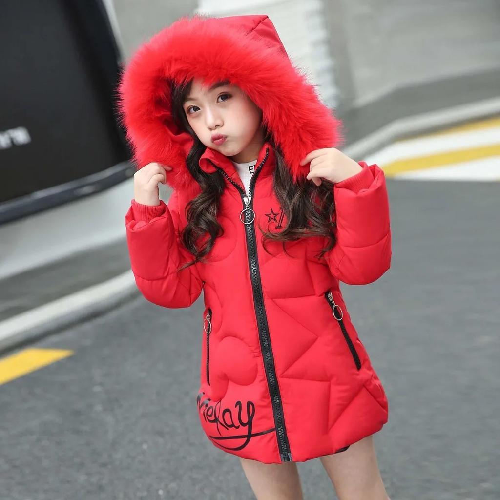 Girls' Winter Mid-Length Thickened Warm Tops Hooded Slim-Fit Letter Print Jacket