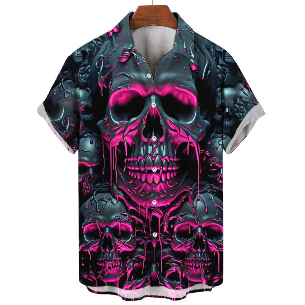 New Vintage Skull Men's Shirts Lapel Streetwear Shirt For Men Street Hip Hop Short Sleeve Top Party Summer Hawaiian