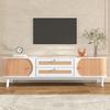 TV Cabinet - Natural Wood Blend TV Cabinet with Doors and Drawers. TV Stand with Rattan Sides. Storage Solution, Natural Country Style.