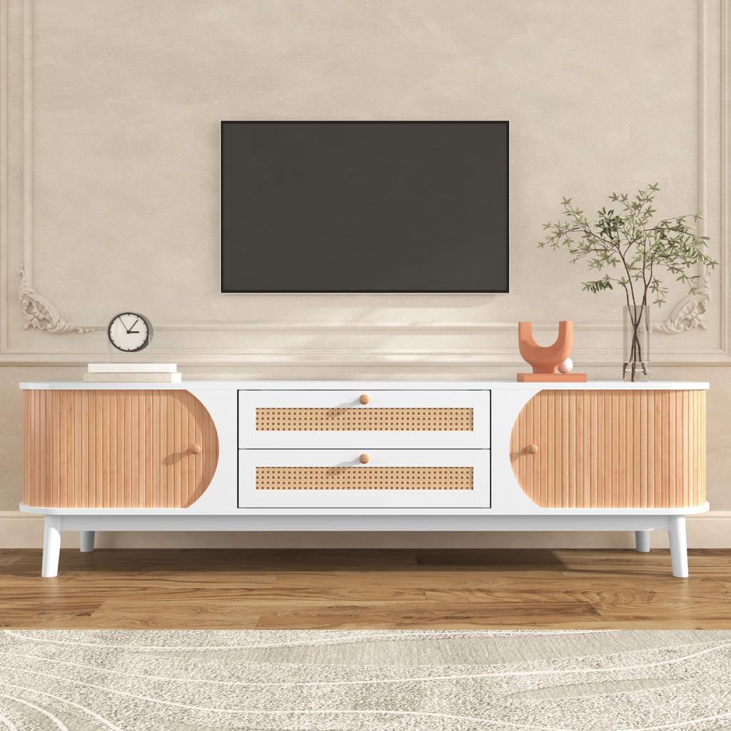 TV Cabinet - Natural Wood Blend TV Cabinet with Doors and Drawers. TV Stand with Rattan Sides. Storage Solution, Natural Country Style.