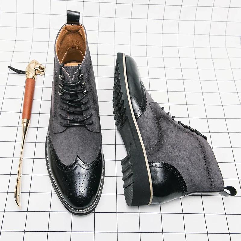 Fashion New High Top Men Shoes Luxury Business Dress Ankle Boots For Male Comfortable Men's Fashion Brogue Leather Motorcycle Boots Man