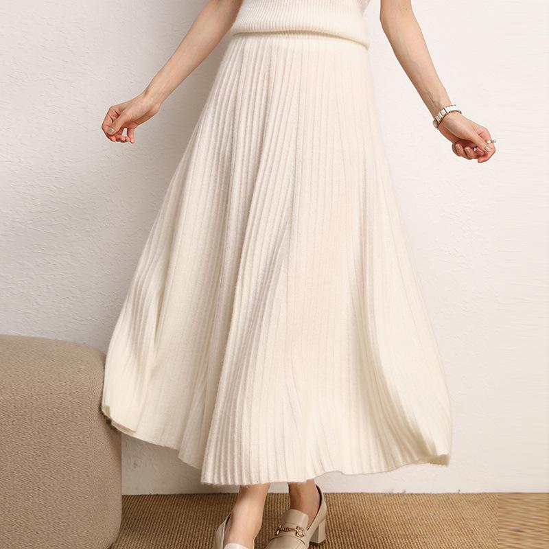 

Женская плиссированная юбка А-силуэта с высокой талией из кашемира - Осень/Зима, Корейский стиль, Однотонная, Повседневная Mocha Brown