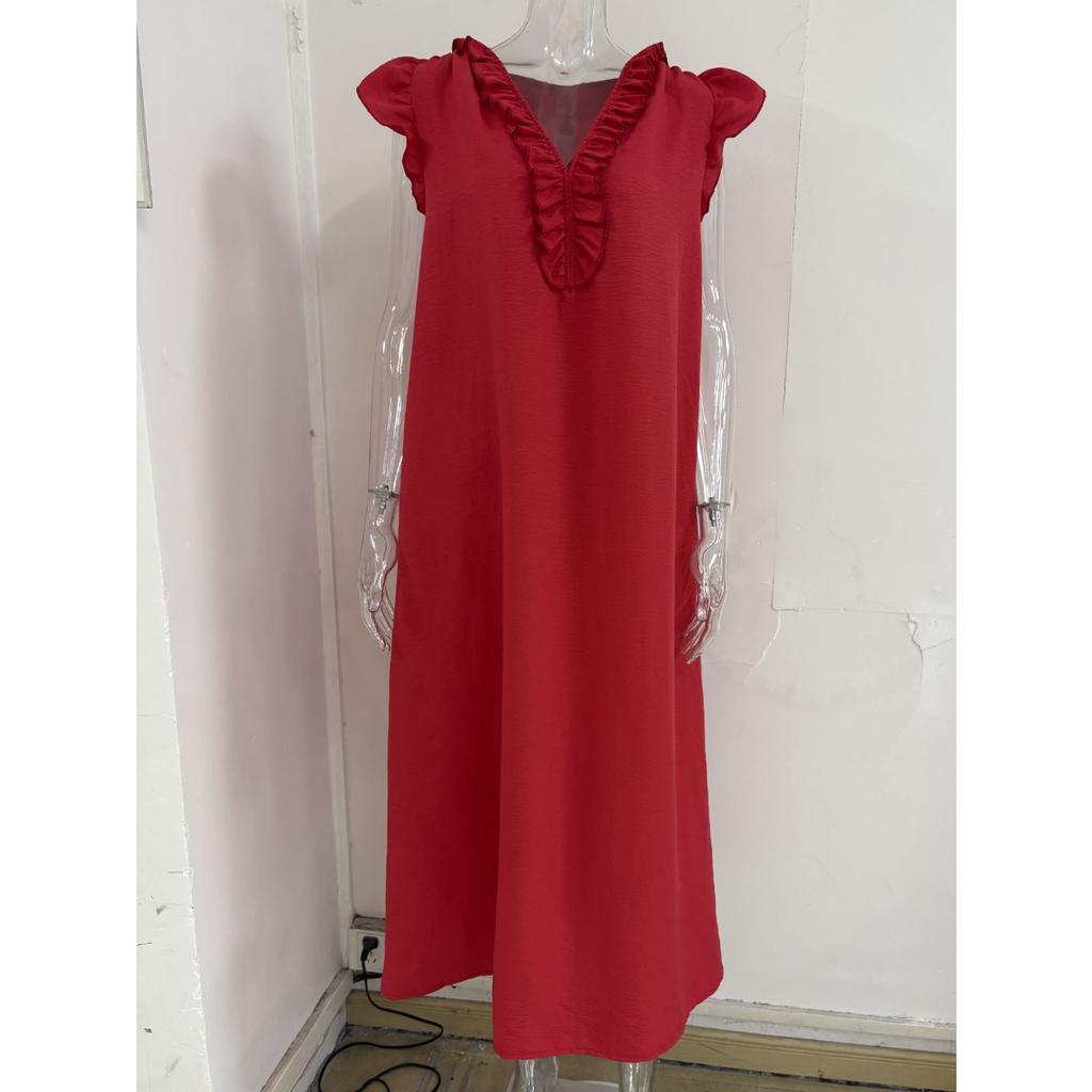 Summer Ruffled Flutter Sleeve V Neck Loose Casual Maxi Dress For Vacation, European American Crossborder Women Long Dress
